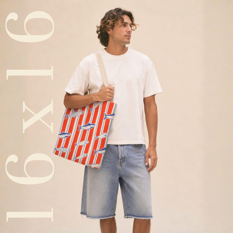 Sardine Tote Bag Coastal Beach Tote European Summer Shoulder Bag Nautical Pool Tote Durable Farmers Market Bag Caryall Seaside Aesthetic 16" × 16''