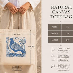 May include: Natural canvas tote bag featuring a blue bird illustration. The bag measures 38 cm wide, 41 cm long, and has 51 cm handles. Made from 100% cotton, it's durable, eco-friendly, and reusable. The text reads "Natural Canvas Tote Bag."