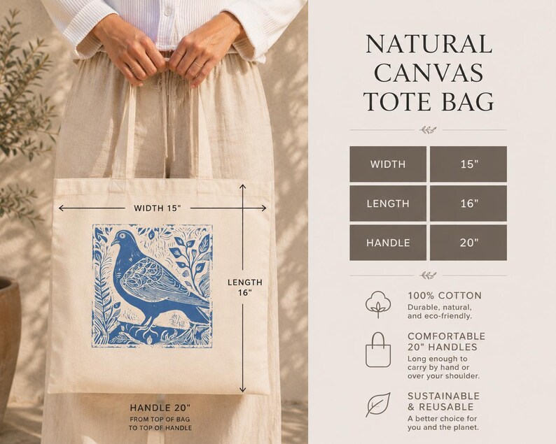 May include: Natural canvas tote bag featuring a blue bird illustration. The bag measures 38 cm wide, 41 cm long, and has 51 cm handles. Made from 100% cotton, it's durable, eco-friendly, and reusable. The text reads "Natural Canvas Tote Bag."