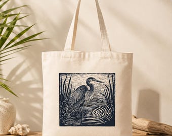 Linocut Blue Heron Tote Bag Block Print Bird Canvas Bag Naturecore Farmers Market Canvas Tote For Books Thrift Bag Wildlife Art Printed Tote
