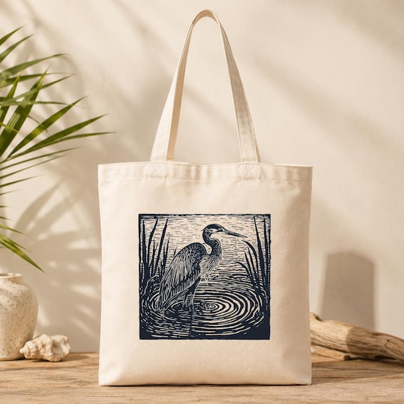 Linocut Blue Heron Tote Bag Block Print Bird Canvas Bag Naturecore Farmers Market Canvas Tote For Books Thrift Bag Wildlife Art Printed Tote
