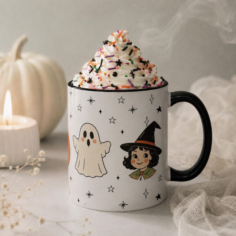 Retro Halloween Mug Ghost Witch Vintage Black Cat Coffee Cup Spooky Season Gift Fall Coffee Mug Cute Autumn Kitchen Decor Ceramic Mug image 2