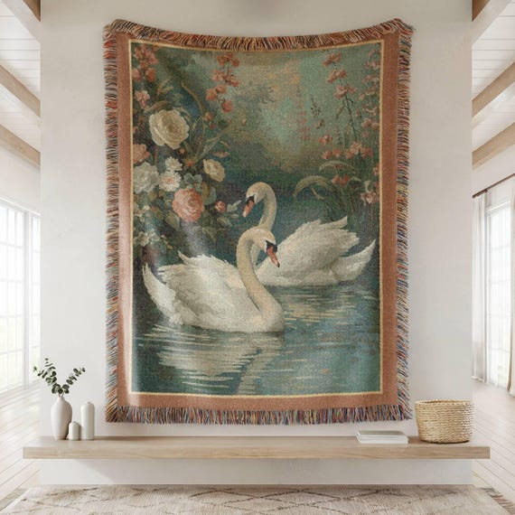 Whimsical Swan Blanket Vintage Floral Woven Tapestry Throw Swan Art Pastel Homedecor Cottagecore Bird Lover Gift Princesscore Aesthetic