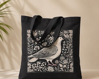 Pigeon Print Tote Bag Folk Art Dove Canvas Bag Whimsical Flower Shopping Tote Bird Watcher Travel Bag Bird Lover Farmers Market Grocery Bag