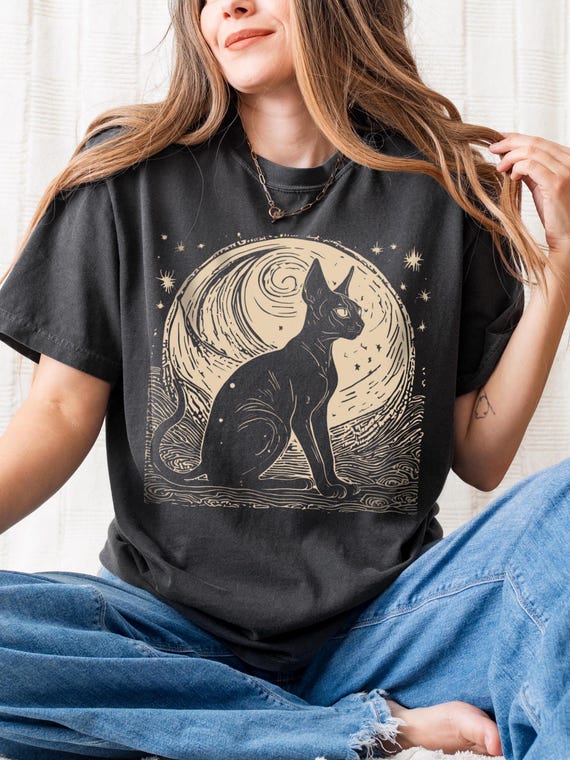Sphynx Cat Linocut Tshirt Whimsigoth Clothing Mystical Animal Shirt Dark Academia Aesthetic Hairless Cat Mom Dad Tee Witchy Cat Lover Gift