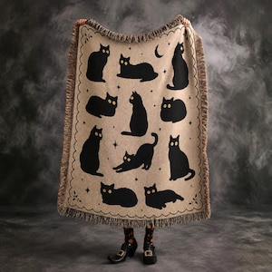 Black Cat Woven Blanket Halloween Throw Cottagecore Decor Witchy Home Gift Cozy Fall Sofa Blanket Gothic Jacquard Tapestry Cat Mom Dad Gift