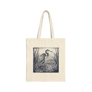Linocut Blue Heron Tote Bag Block Print Bird Canvas Bag Naturecore Farmers Market Canvas Tote For Books Thrift Bag Wildlife Art Printed Tote image 4