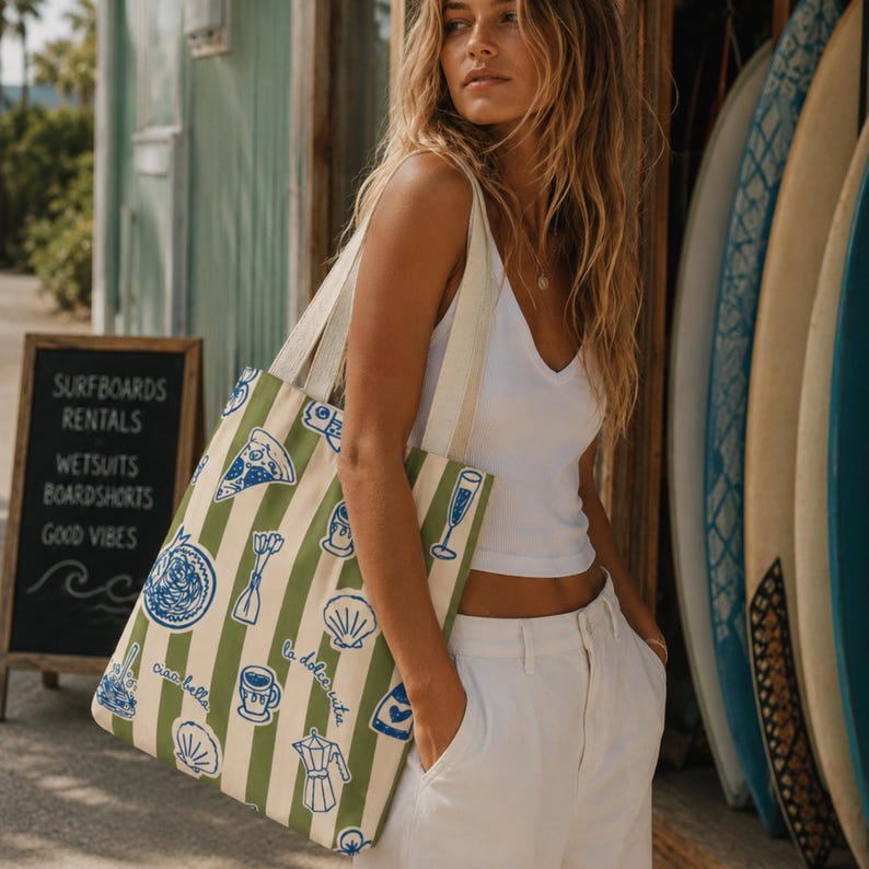 Italian Summer Tote Bag Coastal Beach Bag Mediterranean Tote Ciao Beach Vacation Tote Pool Bag Gift for Beach Lovers European Aesthetic image 2