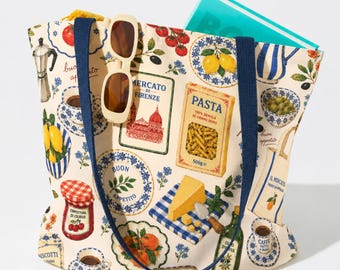 Italian Market Tote Bag Mediterranean Foodie Farmers Market Grocery Bag European Summer Coastal Italy Gift Pasta Lover Beach Bag
