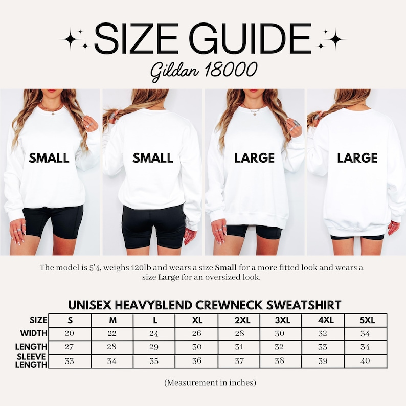 Puede incluir: Gu&iacute;a de tallas para una sudadera unisex de cuello redondo Heavyblend, Gildan 18000. La imagen muestra modelos que usan tallas Small y Large. Las medidas se proporcionan en pulgadas, que equivalen a 51 a 86 cm.
