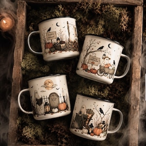 Ghost Enamel Camping Mug Gothic Cottagecore Coffee Cup Whimsical Autumn Campfire Mug Halloween Decor Cozy Drinkware Fall Set October Gift