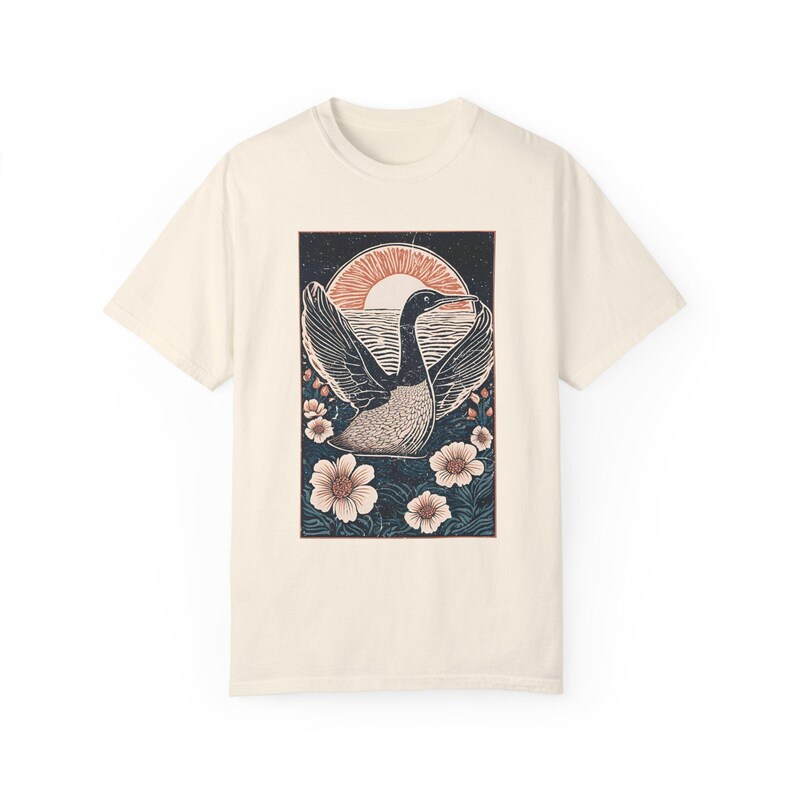 Linocut Loon Shirt Birding Tshirt Folk Art Linoprint Bird Shirt Gorpcore Nature Tee Lake Winnipesaukee Waterfowl Bird Watching Gift Hiking image 7