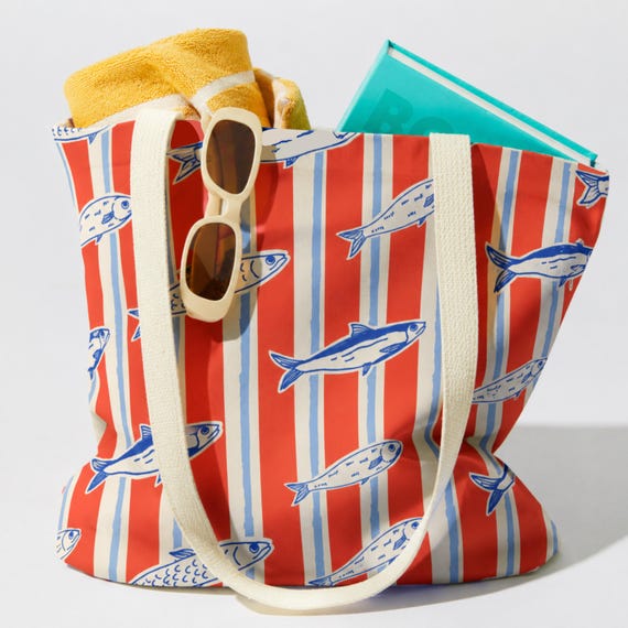 Sardine Tote Bag Coastal Beach Tote European Summer Shoulder Bag Nautical Pool Tote Durable Farmers Market Bag Caryall Seaside Aesthetic