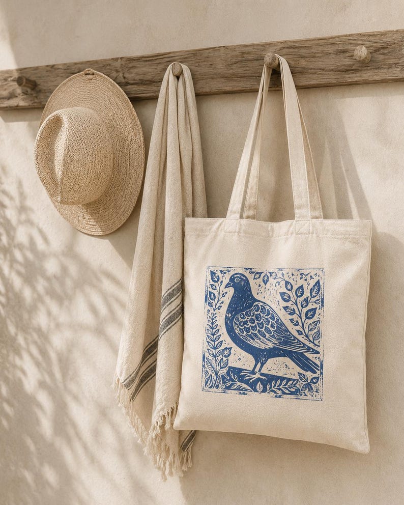 May include: A beige tote bag with a blue pigeon print, a straw hat, and a beige towel hanging on a wooden rack. The tote bag features a blue illustration of a pigeon surrounded by leaves.