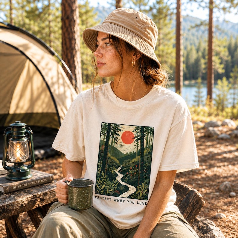 May include: Cream-colored t-shirt with a nature scene graphic featuring a red sun, trees, and a winding river. The text "PROTECT WHAT YOU LOVE" is below the graphic. A person is wearing the shirt and a tan bucket hat, holding a green speckled mug.