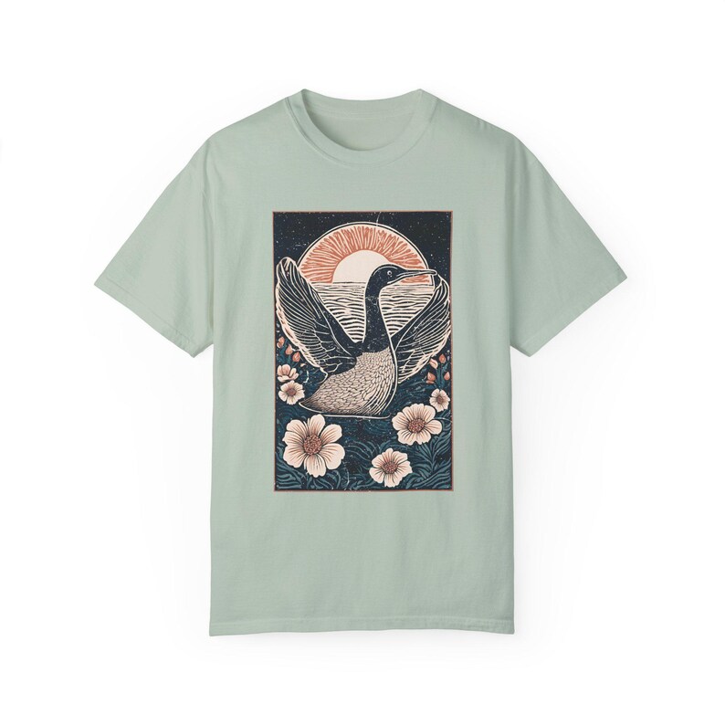 Linocut Loon Shirt Birding Tshirt Folk Art Linoprint Bird Shirt Gorpcore Nature Tee Lake Winnipesaukee Waterfowl Bird Watching Gift Hiking image 6