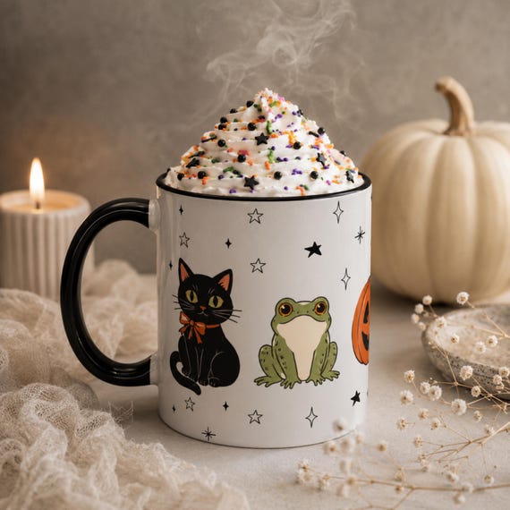 Retro Halloween Mug Ghost Witch Vintage Black Cat Coffee Cup Spooky Season Gift Fall Coffee Mug Cute Autumn Kitchen Decor Ceramic Mug
