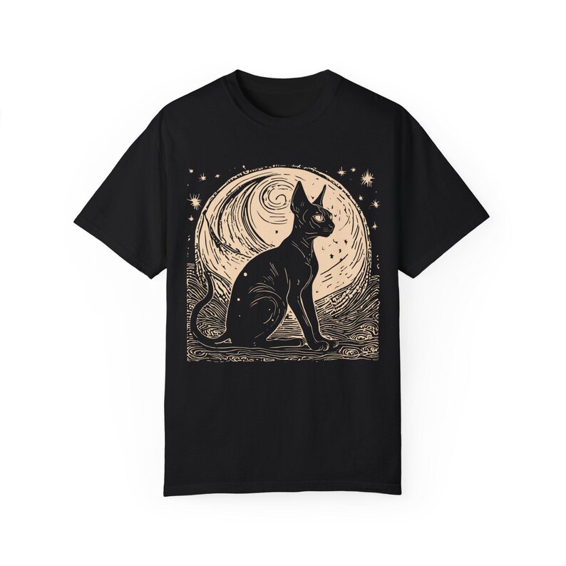 Sphynx Cat Linocut Tshirt Whimsigoth Clothing Mystical Animal Shirt Dark Academia Aesthetic Hairless Cat Mom Dad Tee Witchy Cat Lover Gift image 5