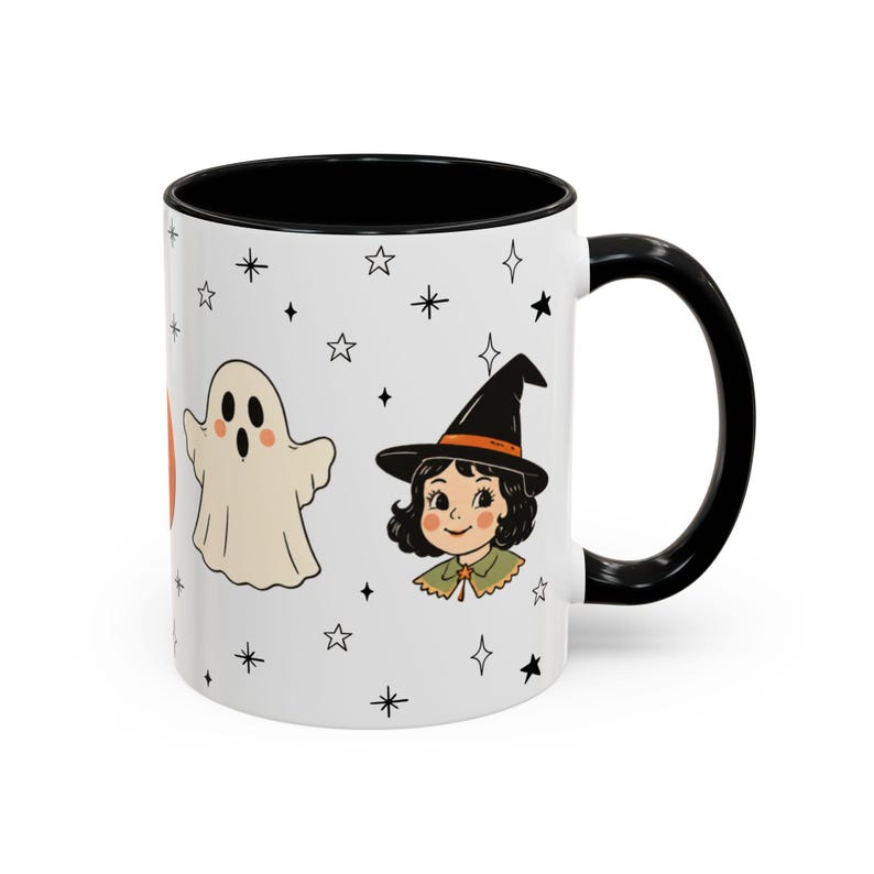 Retro Halloween Mug Ghost Witch Vintage Black Cat Coffee Cup Spooky Season Gift Fall Coffee Mug Cute Autumn Kitchen Decor Ceramic Mug Black