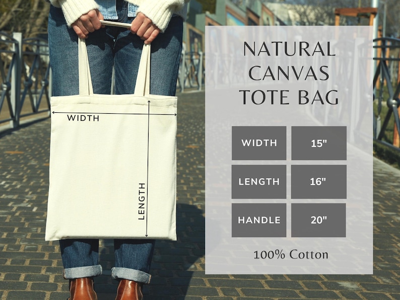 May include: A natural canvas tote bag with dimensions displayed. The width is 38 cm, the length is 41 cm, and the handle is 51 cm. The bag is made of 100% cotton.