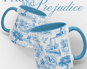 May include: Two white ceramic mugs with blue handles and interiors. The mugs display a blue and white toile design with illustrations and text from "Pride and Prejudice." The text "Pride and Prejudice" is above the mugs.