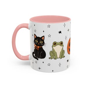 Retro Halloween Mug Ghost Witch Vintage Black Cat Coffee Cup Spooky Season Gift Fall Coffee Mug Cute Autumn Kitchen Decor Ceramic Mug Pink