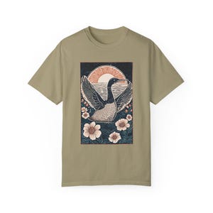 Linocut Loon Shirt Birding Tshirt Folk Art Linoprint Bird Shirt Gorpcore Nature Tee Lake Winnipesaukee Waterfowl Bird Watching Gift Hiking Khaki