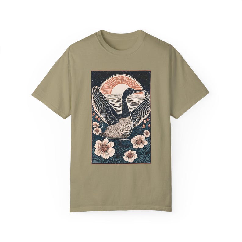 Linocut Loon Shirt Birding Tshirt Folk Art Linoprint Bird Shirt Gorpcore Nature Tee Lake Winnipesaukee Waterfowl Bird Watching Gift Hiking Khaki