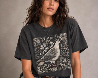 Pigeon Shirt Linocut Tshirt Bird Nerd Tee Folk Art Dove Shirt Granola Girl Aesthetic Whimsical Flowers Shirt Pigeon Lover Bird Watcher Gift