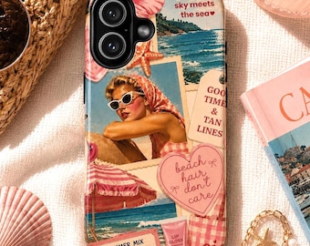 Retro strand estetiskt iPhoneskal Rosa kustkollage MagSafe-skal Flickigt sommartelefonskal Coquette Cover Telefonskal Present till vän