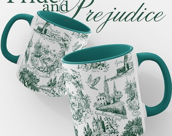 May include: Two white ceramic mugs with teal interiors and handles. The mugs display a green and white toile design with illustrations and text from "Pride and Prejudice." The book's title is written above the mugs.