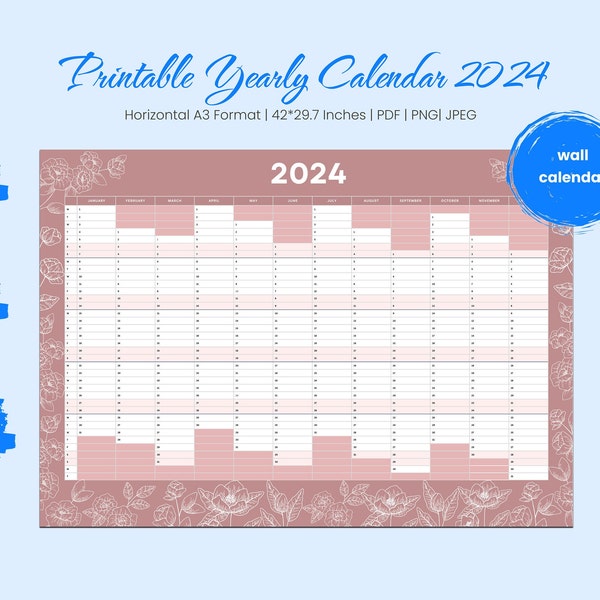 Printable Year Wall Planner 2024 | 2024 Full Year Wall Planner | A3 Horizontal Yearly Calendar | Printable PDF | 12 Month Wall Calendar