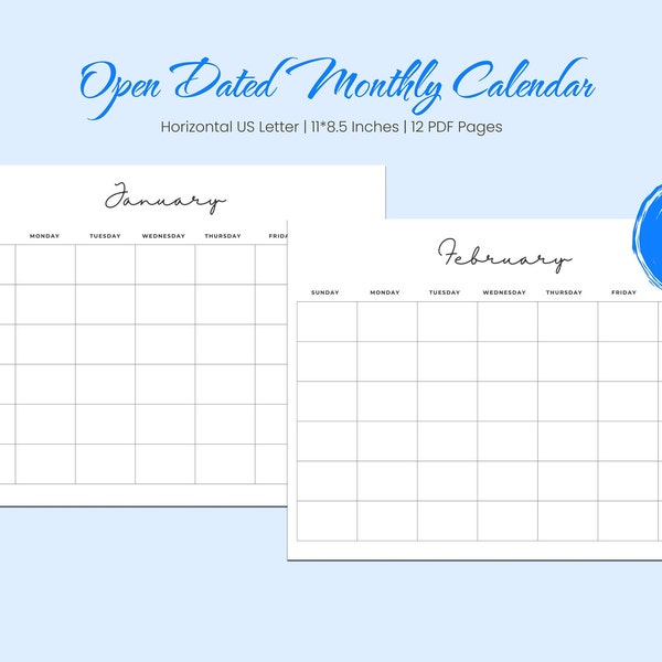 Printable Open Dated Calendar Planner| Monthly Blank Planner PDF | US Letter Calendar Printable|