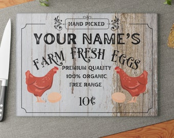 Gepersonaliseerde Farm Fresh Egg Sign - Snijplank van gehard glas voor keuken, Homestead & Chicken Farm Decor, uniek housewarming cadeau