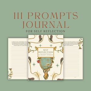 Puede incluir: Un diario de autorreflexión con una portada dorada y blanca que presenta un espejo de mano con un diseño floral. El texto de la portada dice "Self Reflection 111 Prompt Journal".