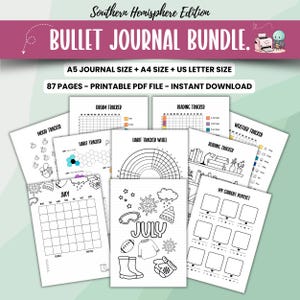 Gotowy zestaw dzienników Bullet Journal z półkuli południowej 2025, strony do wydruku Bujo Planner, strony do kolorowania dziennika cyfrowego A5, A4, US Letter BuJo