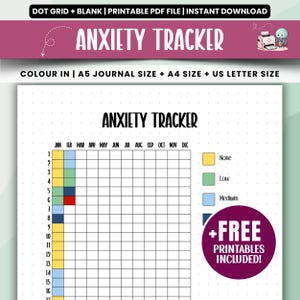 Rastreador anual de ansiedad imprimible, registro diario de salud mental en píxeles, diario de estado de ánimo y ansiedad en PDF, seguimiento del estrés y las emociones, tamaño carta (A4/A5)