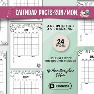 Calendario mensual sin fecha A5 para imprimir, insertos de diario, calendario de planificador semanal digital, dibujo para colorear, páginas de planificador tamaño carta A5 A4 de EE. UU.