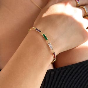 Colourful Gem Stone Bracelet, Multicolor Stack Bracelet, Gold Rainbow Stones Charm Bracelet, Colorful Baguette Stone Bracelet,Christmas Gift