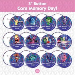 May include: Twelve 3-inch button designs featuring characters from the movie Inside Out. Each button has a purple background with a pattern of colorful hearts and Mickey Mouse heads. The characters include Joy, Sadness, Anger, Fear, Disgust, Bing Bong, and the other core memories. Each button has the text "Core Memory Day!" and "NAME" printed on it.