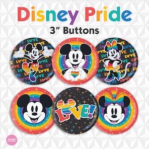 May include: Six circular 3-inch buttons featuring Disney Pride designs. The buttons display Mickey Mouse and Minnie Mouse with rainbow-colored accents, hearts, and the word LOVE in colorful lettering against black backgrounds with stars.