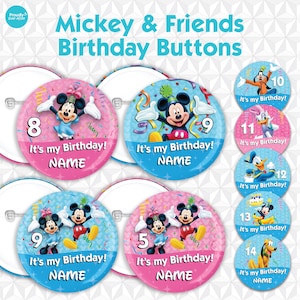 Disney Mickey Mouse & Friends Birthday Button - Minnie Mouse Goofy Donald Daisy Duck Pluto