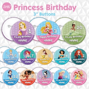 Disney Princess Birthday Pin Button - Moana Cinderella Rapunzel Ariel Tiana Snow White Aurora - Princess Crown Birthday