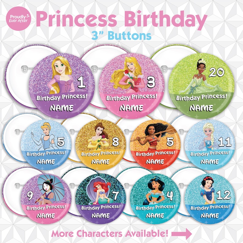 Princess Button Disney Princess Birthday Glitter 3