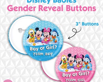 Gender Reveal 3" Buttons - Disney Babies Mickey Mouse Baby Shower