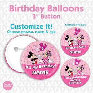 Disney Birthday Girl 3" Pin Button - Pink Mickey Minnie Mouse Balloon Birthday image 1