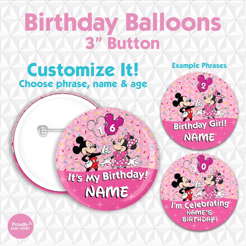 Disney Birthday Girl 3" Pin Button - Pink Mickey Minnie Mouse Balloon Birthday image 1
