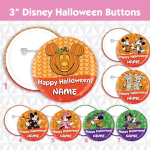May include: Seven 3-inch round Disney Halloween buttons featuring various characters. The buttons are white with a red, orange, purple, or green background. The characters include Mickey Mouse, Minnie Mouse, Goofy, Donald Duck, and Pluto. The buttons have the text "Happy Halloween! NAME" on them.