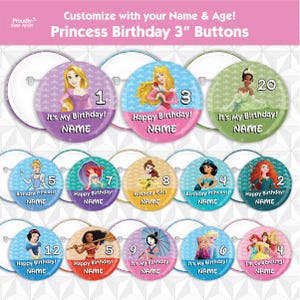 Disney Princess Birthday Pin Button - Moana Cinderella Rapunzel Ariel Tiana Snow White Aurora - Princess Crown Birthday