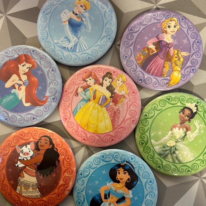 Princess Button Disney Princess Coquette Pin Button - Moana Cinderella Rapunzel Ariel ...